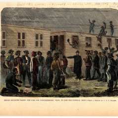 Engraving of Negro Recruits Taking Railroad Cars to Murfreesboro